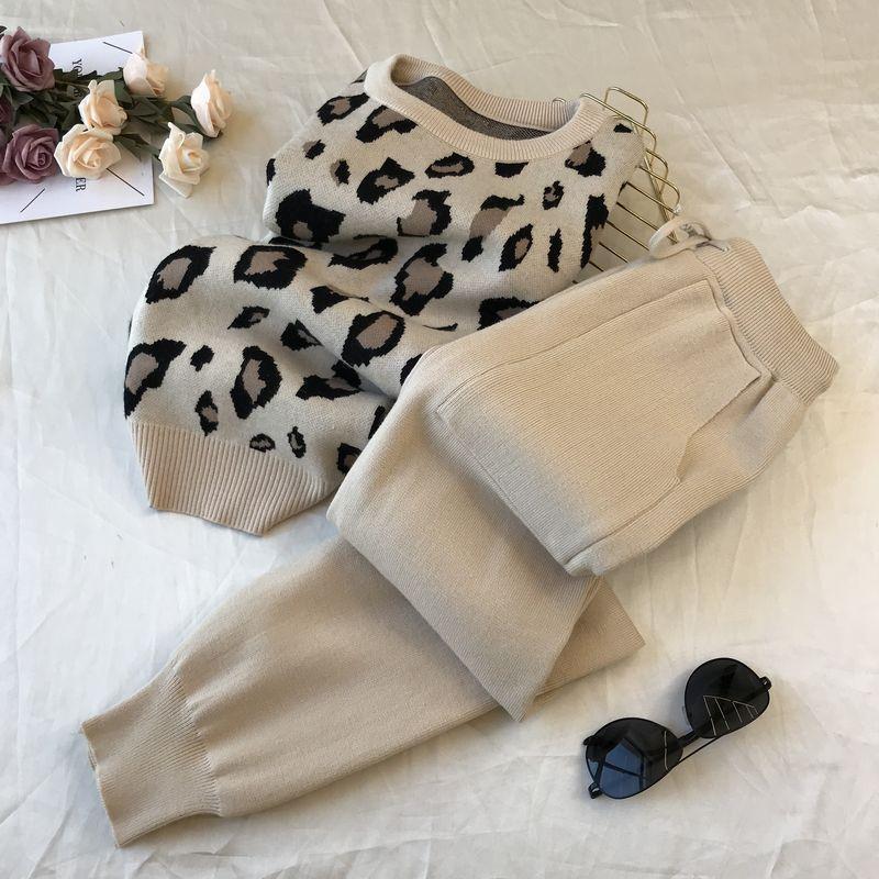 JPNTKY Autumn Collection Instagram Personalized Leopard Print Pullover Long-sleeved Knitted Sweater + Simple Skinny Pants Set