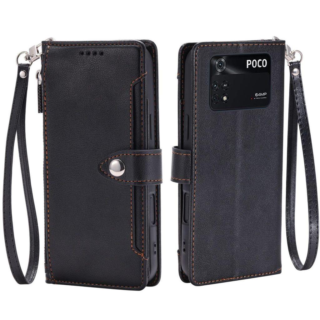 Zipper Pocket Wallet Flip Leather Phone Case for Xiaomi POCO M4 Pro 4G Multi Card Slots Kickstand Cover Wrist Strap