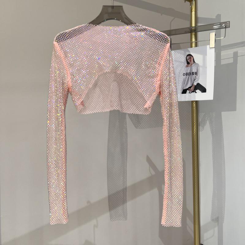 Sparkling Mesh Diamond Sun Protection Long Sleeve Party Top
