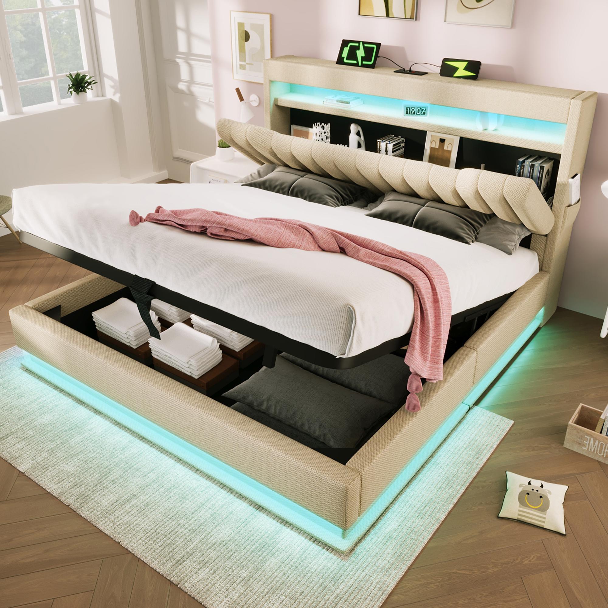 180x200cm Upholstered Bed, Storage Headboard USB