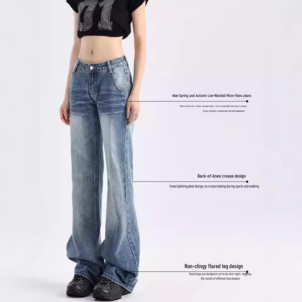 Blugi retro evazați cu talie joasă pentru femei - Colecția Primăvară/Toamnă 2025, Croială versatilă lejeră, Picior drept, Lungime până la podea.