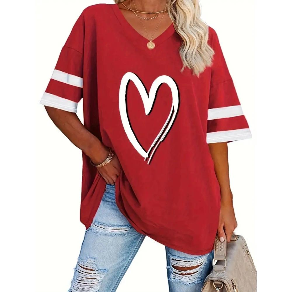Summer Heart-Shaped 3D Print T-shirt Women Streetwear Casual T Shirts Y2k Tops Woman Harajuku V-Neck Tees Oversized Clothing