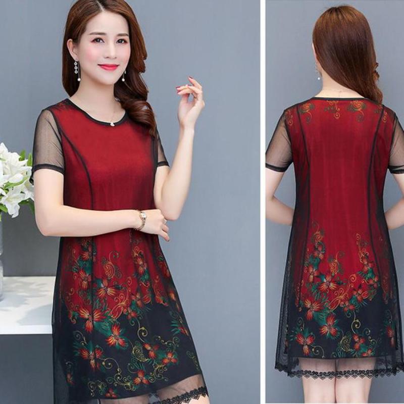 Mid-length Plus Size Printed Over-the-knee Dress Round Thin Chiffon Neck Short Sleeve Mom A-line Skirt