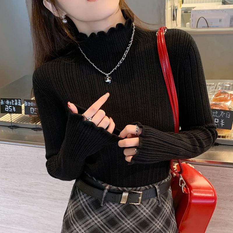 

осень Вязаный Гольф Длинный Рукав Приталенный Джемпер Топы Женский Свитер Пуловер однотонный рюши Женские Повседневные Рубашки Мягкие Свитера One Size