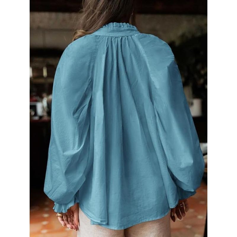 Spring and Autumn New Women's Elegant and Sweet Loose Casual Lantern Sleeve V-neck Ruffle Shirt