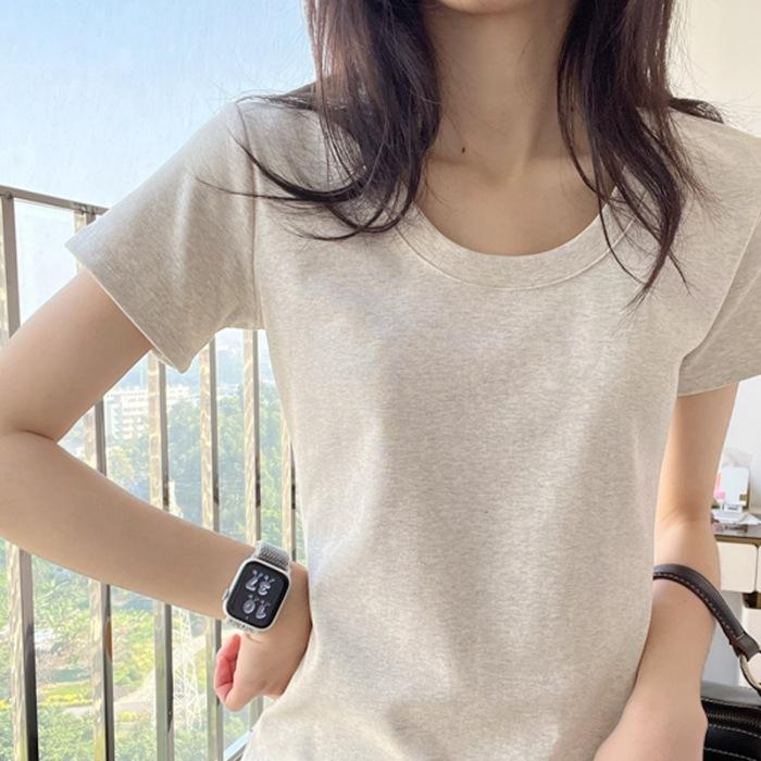 

Special U-neck gray versatile short-sleeved T-shirt women s American slim-fitting and thin half-sleeved top low-neck bottoming shirt S