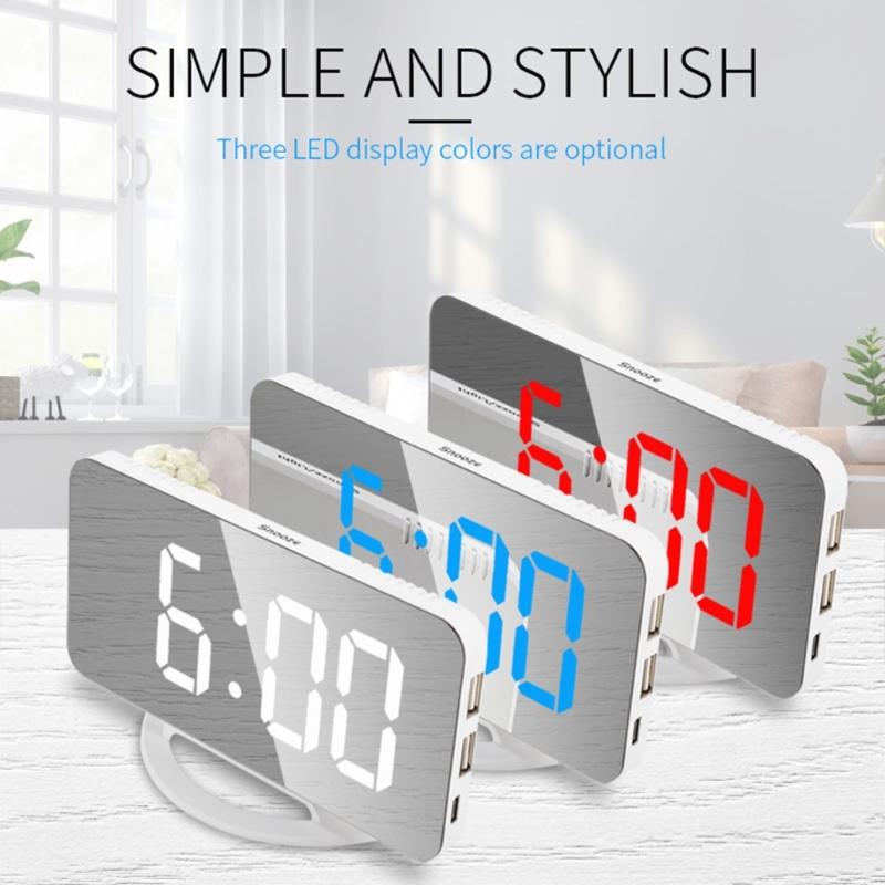 Digital Alarm Clock Large Display LED Mirror Electronic Clocks with Snooze Dual USB Ports 3 Adjustable Brightness Home