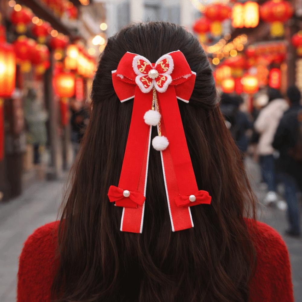 Red New Year Hairpin Ribbon Hanfu Hair Ornamen Holiday Bow Ribbon Hair Clip Festival