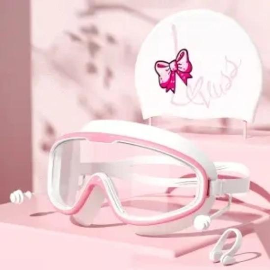 Swimming Goggles Waterproof Anti-fog HD Professional Women Large Frame Swimming Goggles Diving Swim Cap Set Equipment Bow