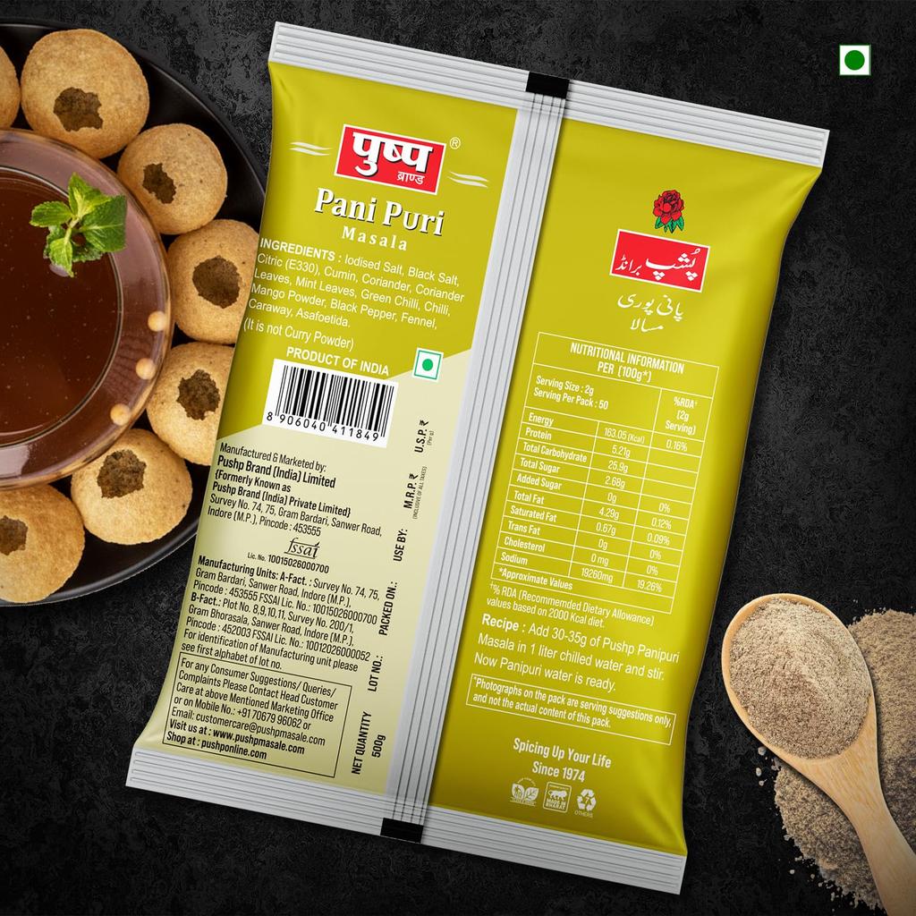 Pushp Panipuri Masala Tangy Spicy Mint Tamarind Spice Mix for Authentic Indian Street Style Pani Puri 500g X Pack of 2