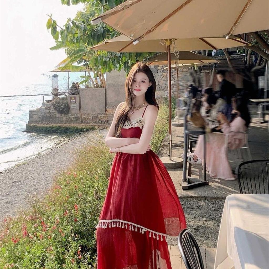 Bohemian Red Strappy Patchwork Fringe Dress - Ethnic Style Summer 2026