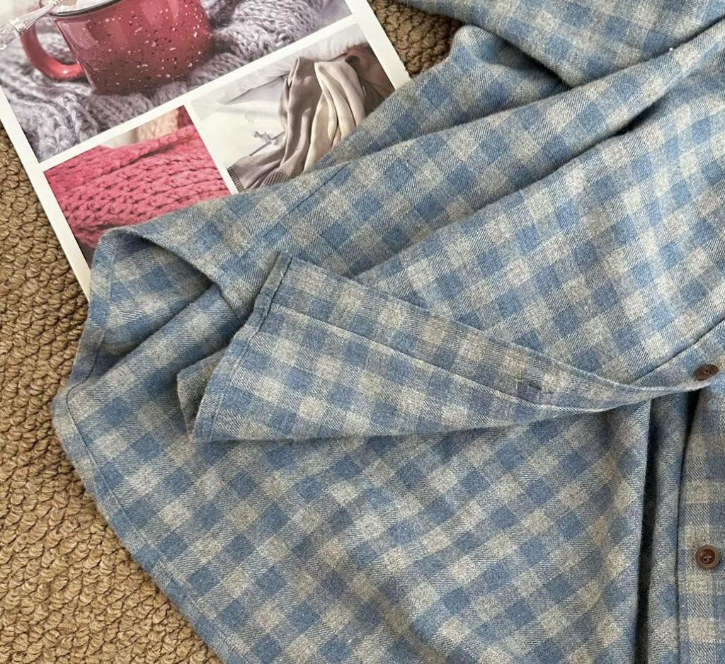 Women's Winter Retro Plaid Blue Cotton Shirt - Casual Fashion Layering Jacket with High-End Feel