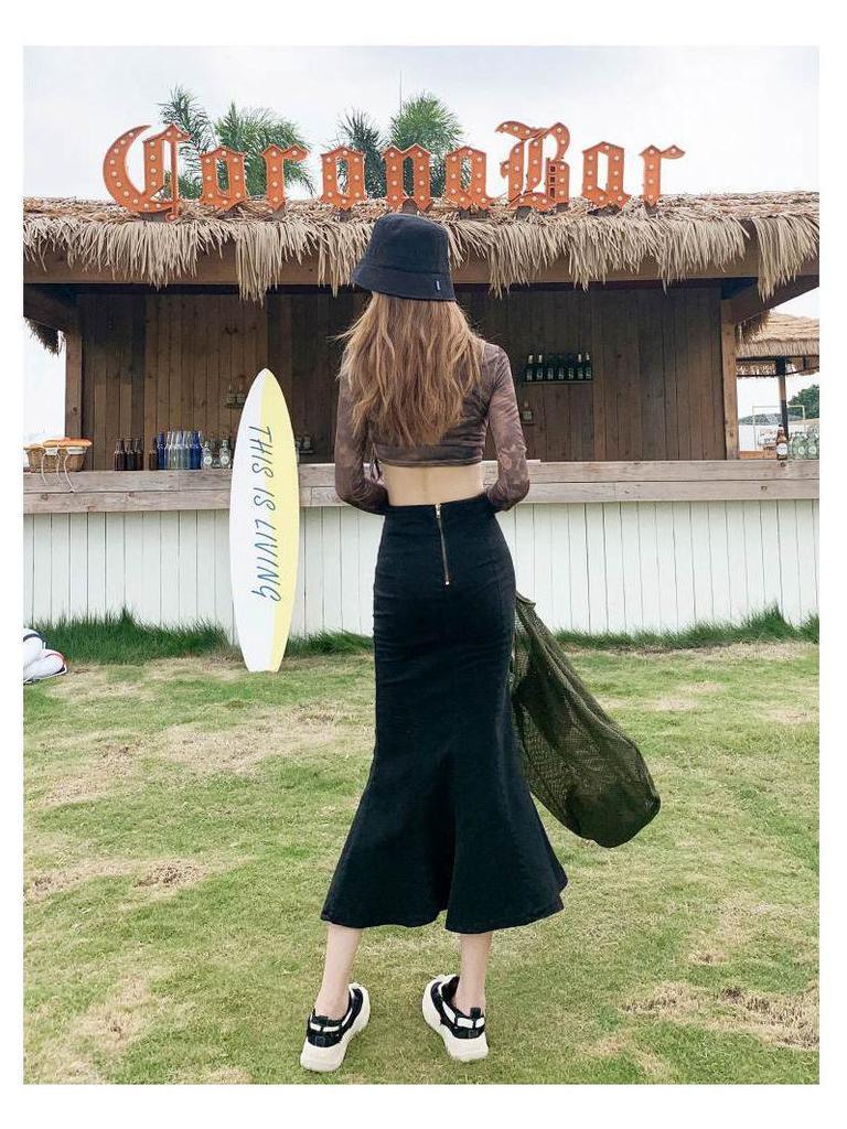 Plus Size Women's High Waist Stretch Denim Fishtail Midi Skirt