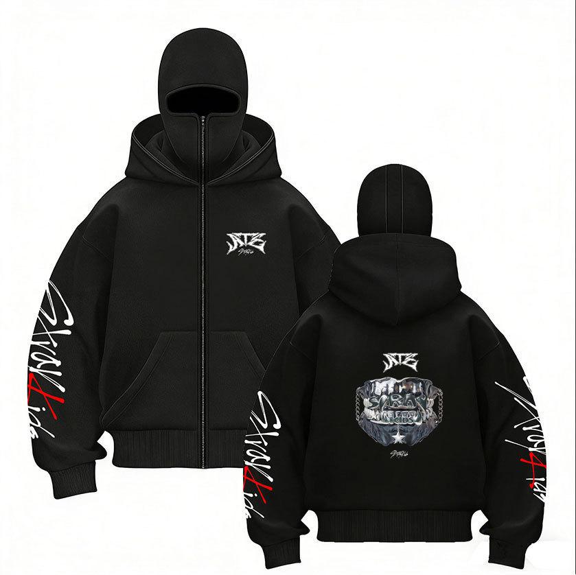 Stray Kids Skz Harajuku Printed Stray Kids Double Hood Zip-Up, Harajuku Print SKZ Hoodie for STAY Two-hat Zip-up Shirt for Men and Women