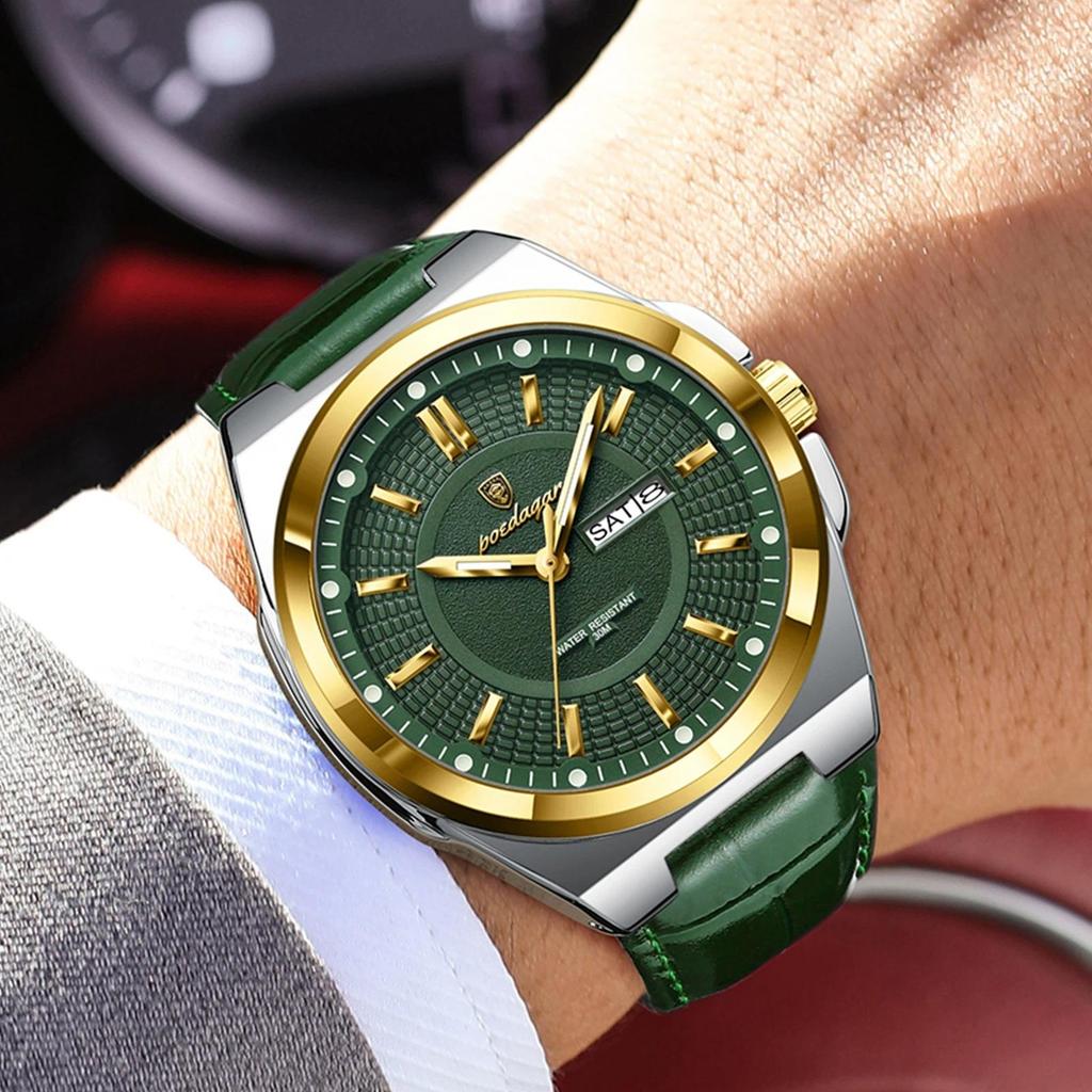 POEDAGAR Luxury Fashion Man Wristwatch Waterproof Luminous Date Week Big Dial Quartz Men's Watches Casual Leather Men Watch
