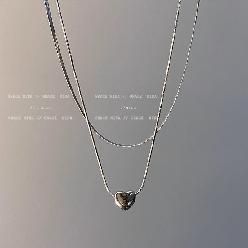Cold wind silver double-layer love necklace women's light luxury design stacked collarbone chain Spice girl with jewelry