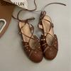 Fashion SUOJIALUN Autumn Women Flat Shoes Fashion Close Toe Lace Up Ladies Elegant Sandal Shoes Soft Flat Heel Outdoor Dress Slingback S
