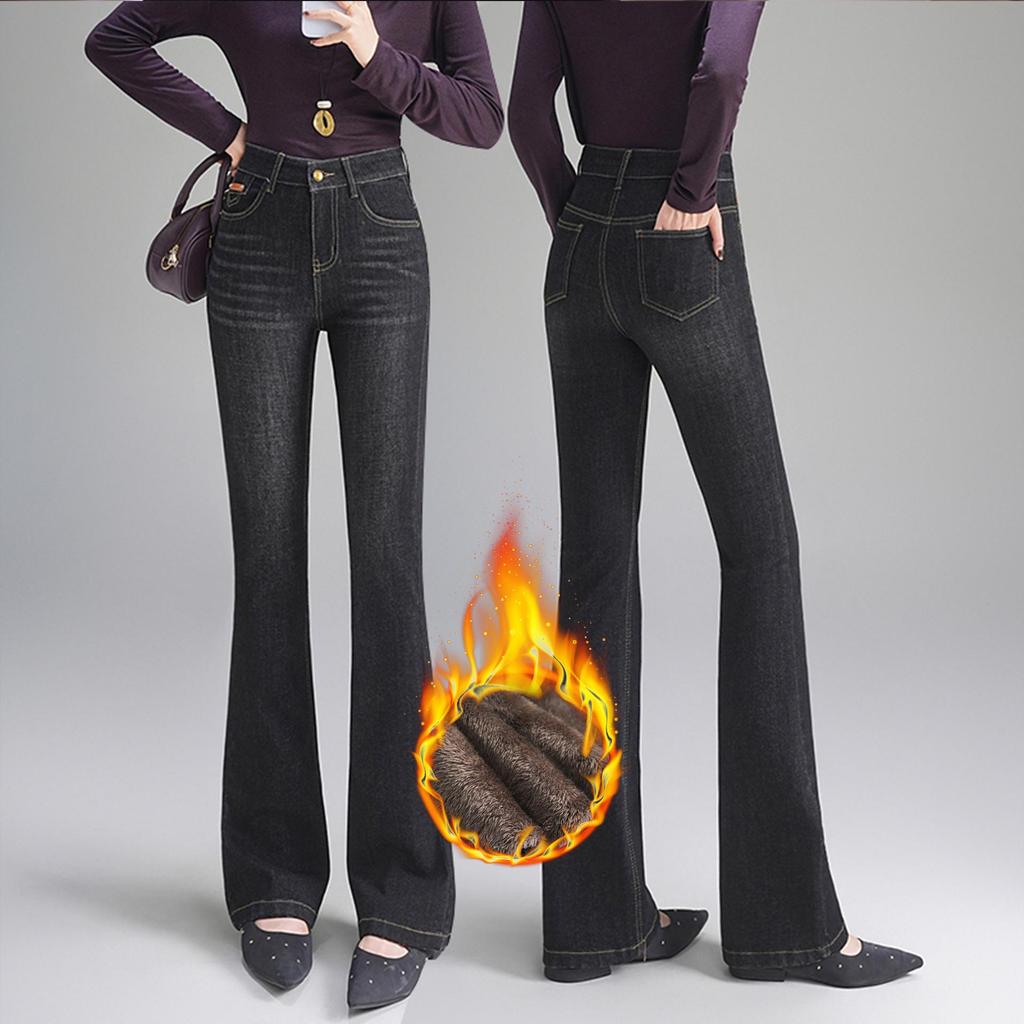 2025 Autumn/Winter High-Waisted Flare Jeans with Thickened Plus Velvet