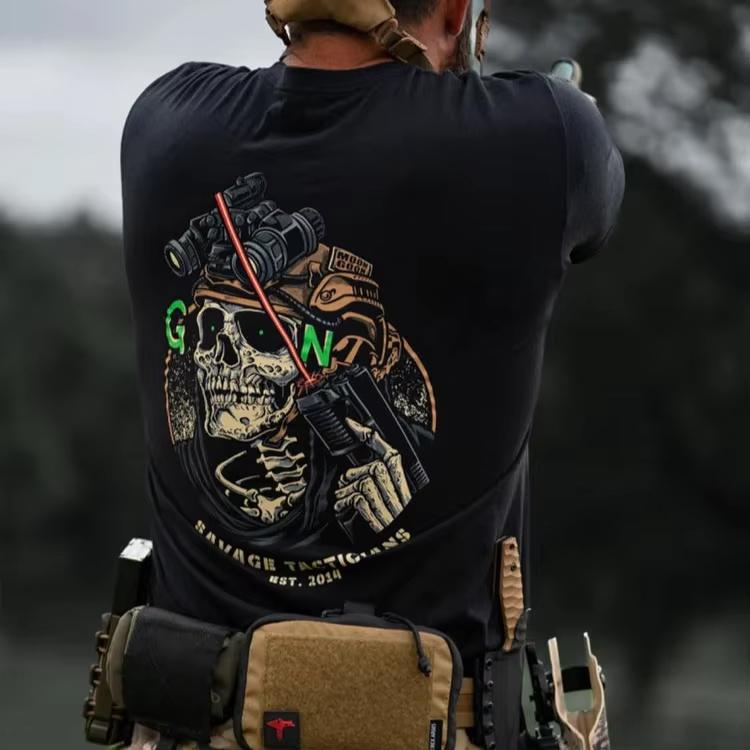 Summer Tactical Operator Skull Graphic Tee Cotton Military Streetwear Casual Short Sleeve Combat Style Top For Men And Women