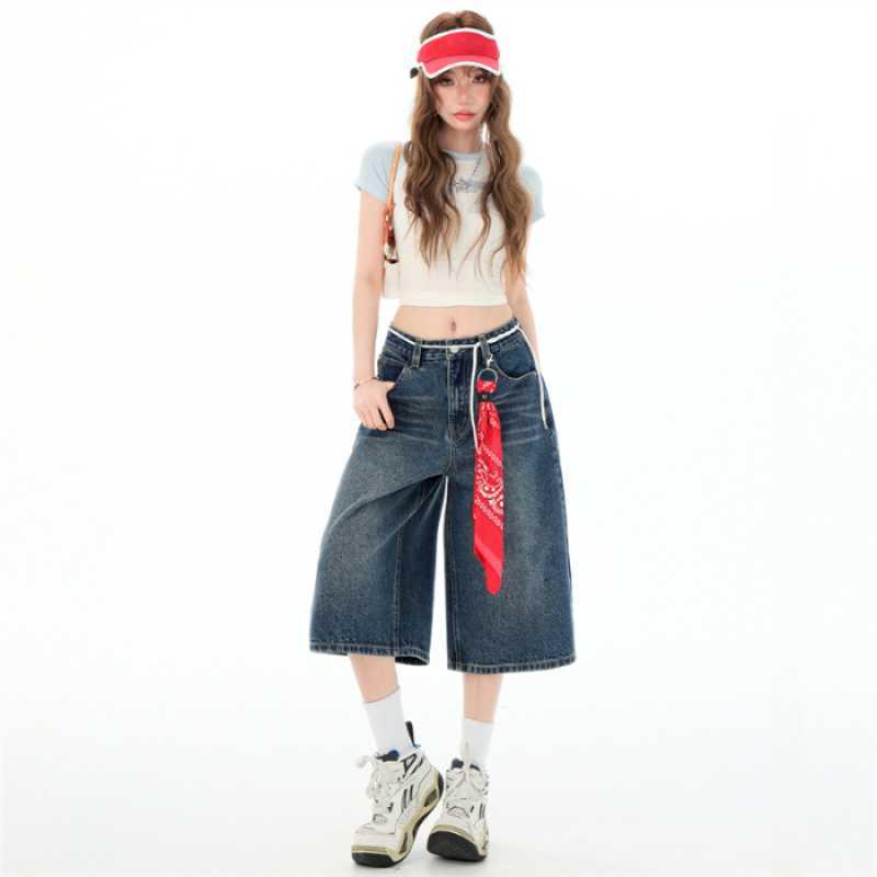 

Women s Blue High-Waisted Slimming Denim Capris - Summer Thin, Straight, Loose, Versatile Mid-Short Pants M