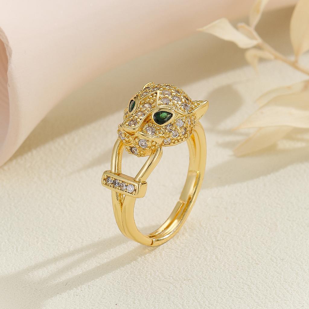 Leopard Head Copper Material Inlaid Zircon Open Ring, Luxurious And Simple Ins Series, Suitable For Women'S Banquet Parties