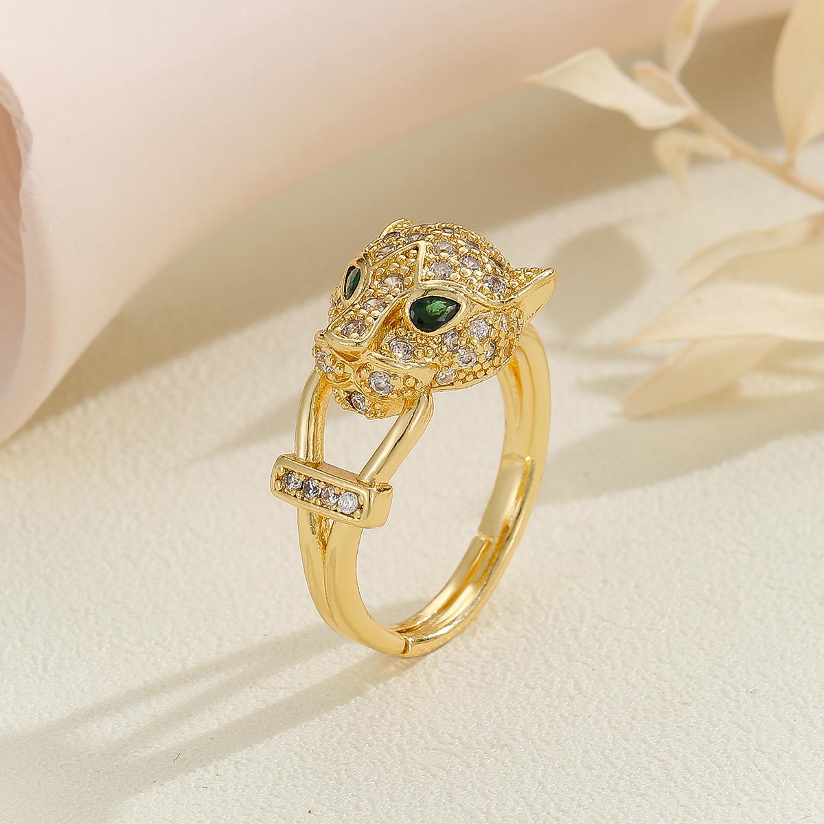 Leopardenkopf Kupfermaterial Zirkonia Intarsien Offener Ring, Luxuriöse Und Schlichte Ins Serie, Geeignet Für Damen-Bankettpartys resizable