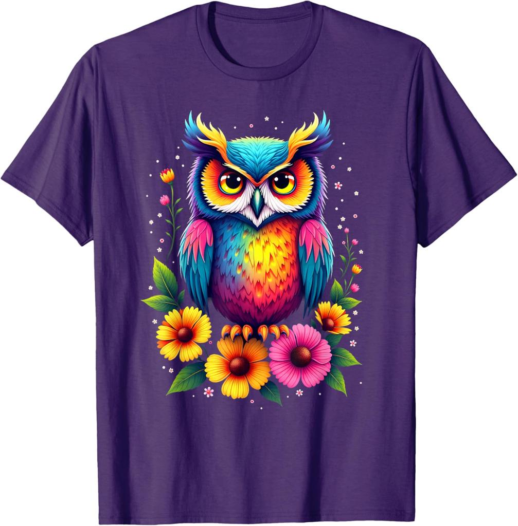 Colorful Rainbow Owl Graphic Tee Men's Cotton Casual Round Neck T-Shirt Trip
