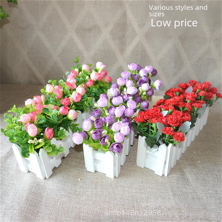 Artificial Flower Set: Wooden Fence & Small Potted Plants for Home Decoration
