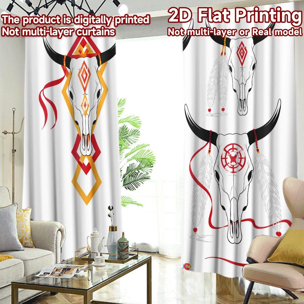 2D FLAT PRINTING 2pcs Curtains (Without Rod) Colorful Bull Skulls Modern Curtain Fabric Polyester Curtains Versatile All Ldeal