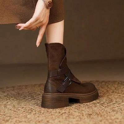 Stiefeletten Damen New Nischendesign Retro Dickbesohlte Motorradstiefel Rundkopf Stiefeletten Damenschuhe