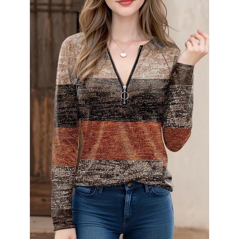 

YYFS Женская мода Повседневная весна-осень Цветные блоки Принт Длинные рукава V-образный вырез Блузки и рубашки XL хаки