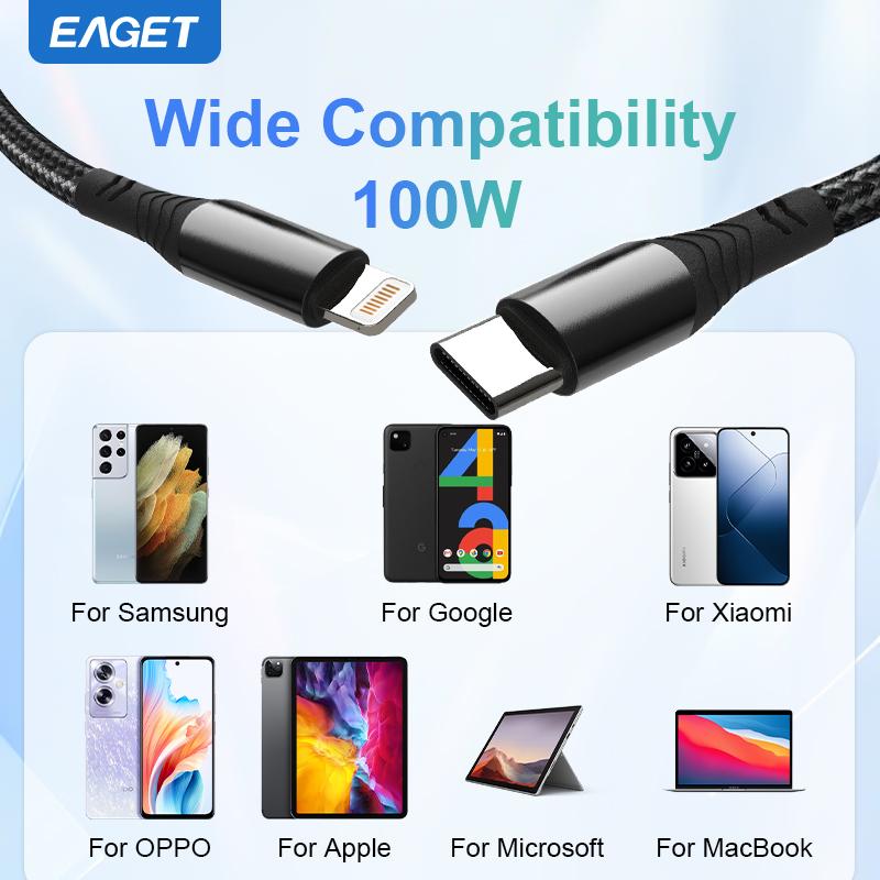 EAGET 2 in 1 QC4.0 lightning Charger Cable UsB fast Charging 100w Adapter Type C and lightning Charger Cable for iPhone,iPad,samsung