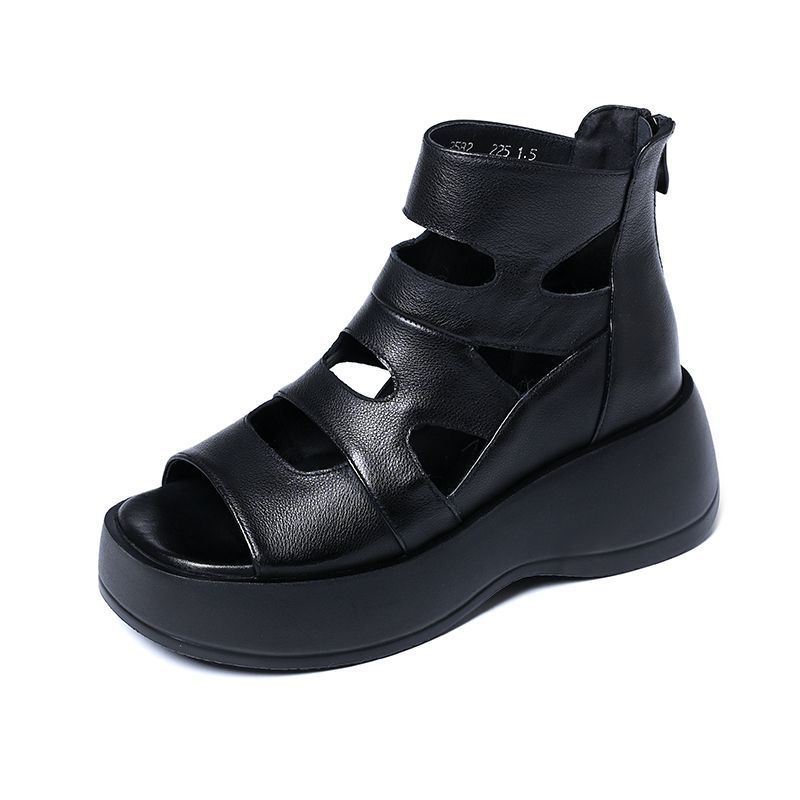 Sandals women's new summer breathable shoes versatile black high heel one-word buckle with platform muffin wedge heel shoes