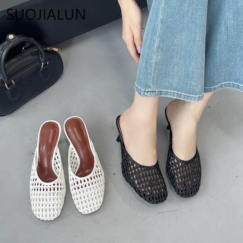 Fashion SUOJIALUN 2025 New Brand Women Slipper Ladies Elegant Round Toe Slip On Mules Shoes Fashion Weave Thin High Outdoor Dress Sandal