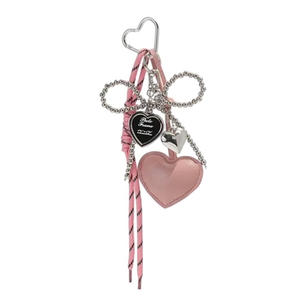 Glossy Leather Heart Keychain Faux Pearls Bowknot Braided Rope Car Keyring Bag Charm Gift Accessory for Women Girls