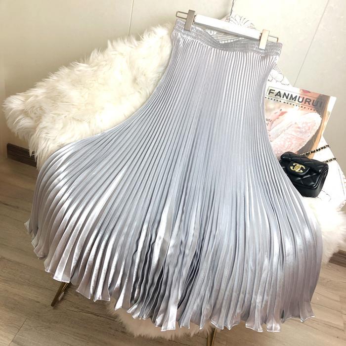 Women Reflective Bright Satin Long Skirt with Solid Color Pleated A-Line Skirts for Fall