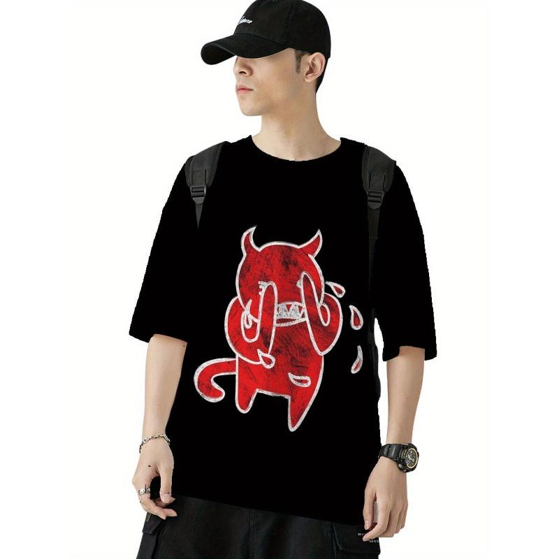 Europäische Größen Herren Lockeres Grafik-T-Shirt - Kräftiger Roter Teufel und Flammen-Print Street Style Kurzarm Rundhals Freizeit-Shirt
