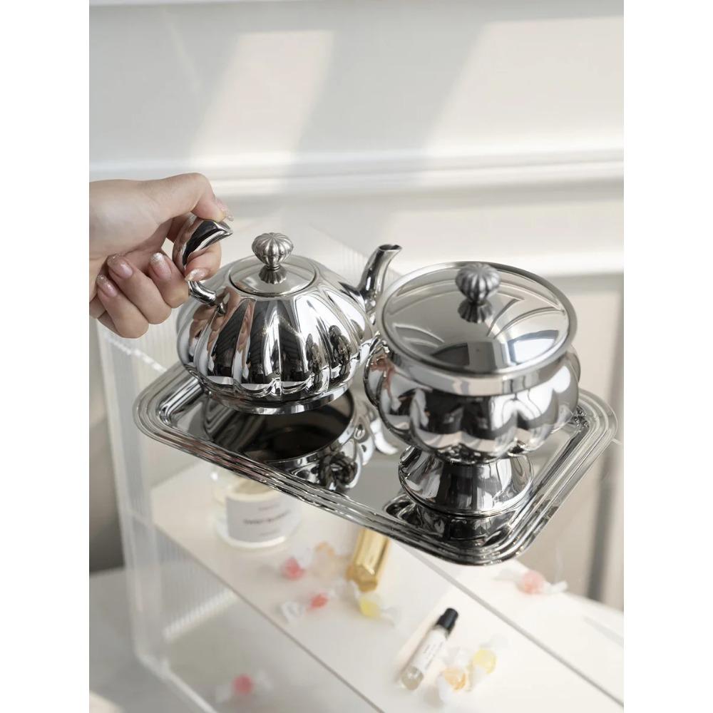 Nordic Luxury Stainless Steel TeaPot, Retro Sugar Bowl, Coffee Candy Jar with Lid for Home Decoration, Afternoon Tea, Holtel