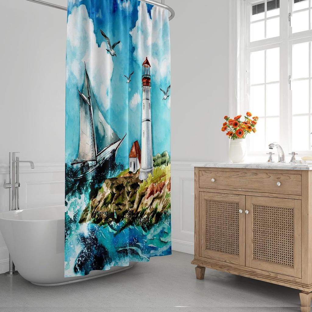 4 Pcs Shower Curtain Sets, Boat Lighthouse Ocean Waterproof Blue Bathroom Sets with Non-Slip Rugs, Toilet Lid Cover and Bath Mat, Accessories Modern