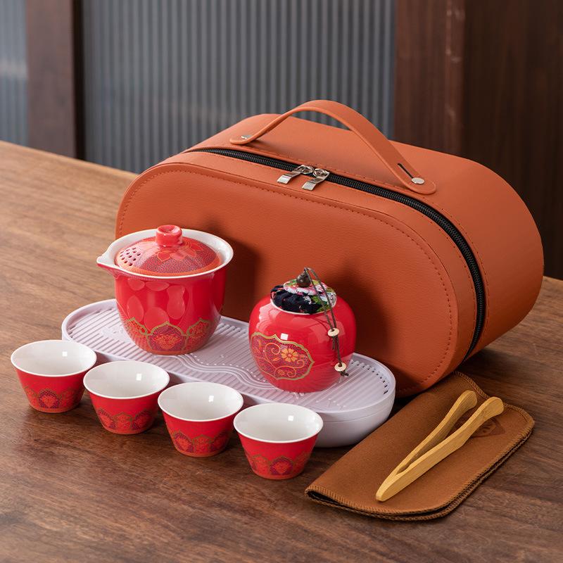 High-end Guochao travel tea set, household high-end business gifts, light luxury, a pot of three cups, commemorative souvenir gifts
