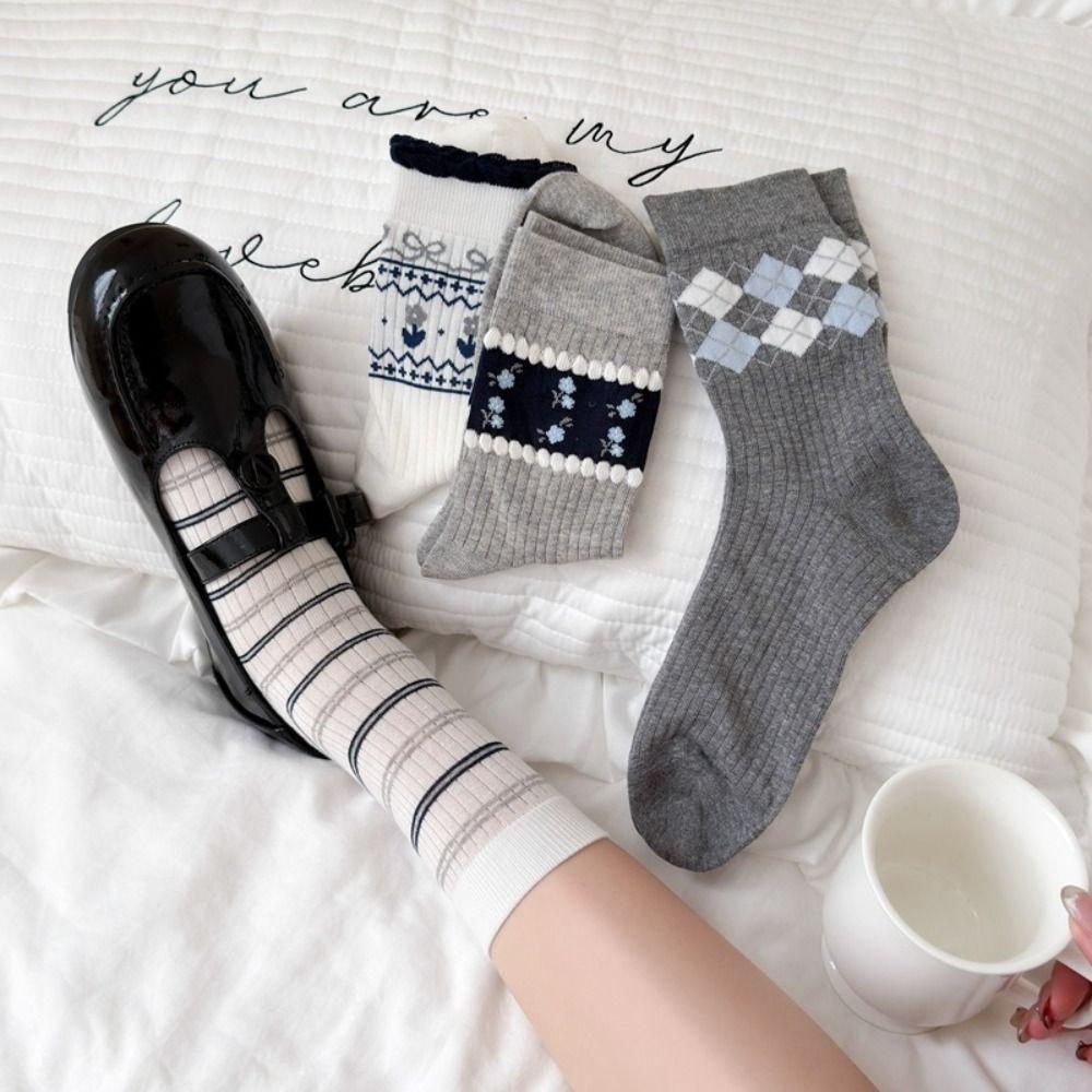 Korean Style Mid-calf Socks Grey Checkered Boneless Pile Socks New Cotton Socks Spring Summer