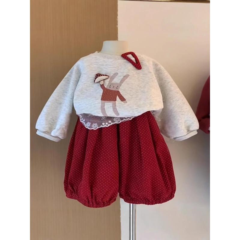 Girls' Korean Style Cartoon Print Sweatshirt Pants Set Cute Long Sleeve Outfit Versatile Autumn Casual Wear