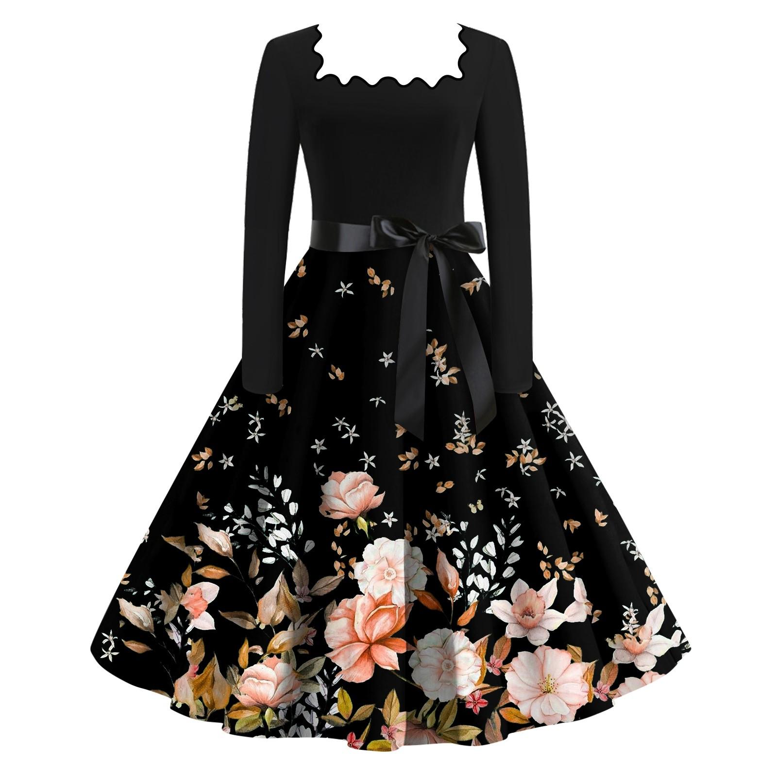 Женское повседневное модное винтажное платье с квадратным воротником и принтом S синий — фото 3