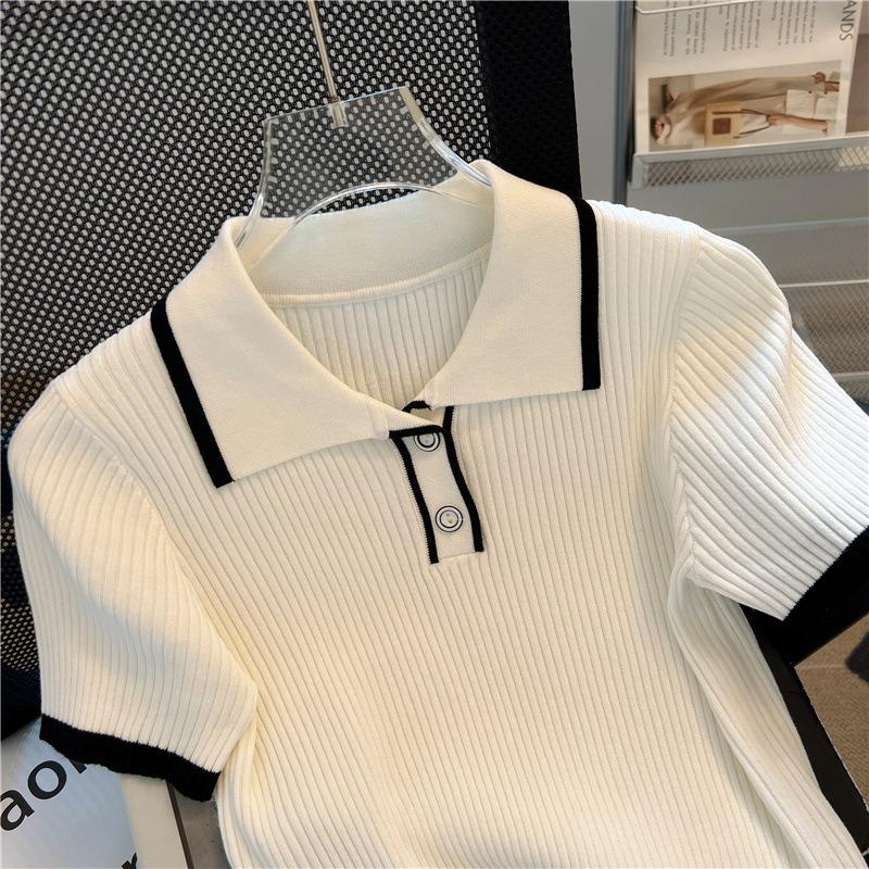 New Knitted Short Sleeve Women Blouse Summer Lapel Loose Slim Fit Ice Silk Shirt Pullover Sweater Casual Simple Sweet Tops Elegant Fashion Clothing