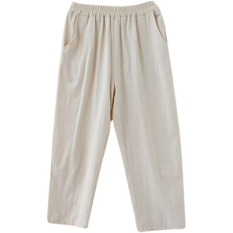 M-4XL Sommerhose mit elastischer Taille für Damen, lässig, einfarbig, Baumwolle und Leinen, knöchellang, Hose für Damen, hochwertige Baggy-Hose