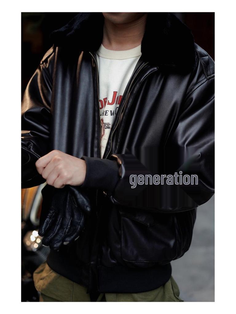 Normanlong Men's Retro A2 Aviator Jacket - American Military Vietnam War Leather with Fur Collar & Cotton Lining