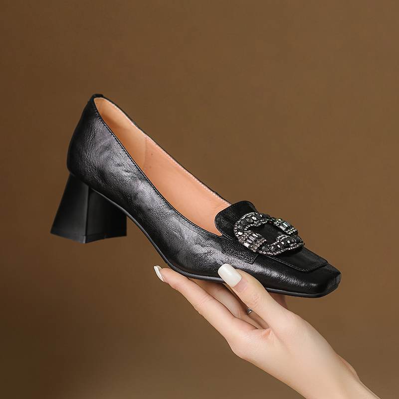 Krazing Pot Vintage Sheepskin Summer Autumn Thick High Heels Party Shoes Women Square Toe Crystal Buckle Wedding Pumps