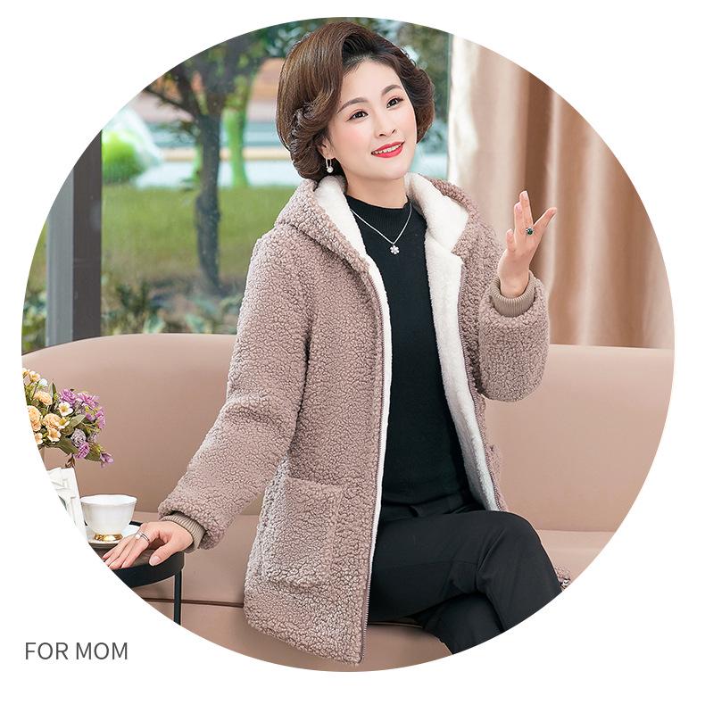 2025 Stylish Winter Coat for Middle-Aged Women: Plus Size, Hooded, Thickened Fleece Jacket with Velvet, Autumn/Winter