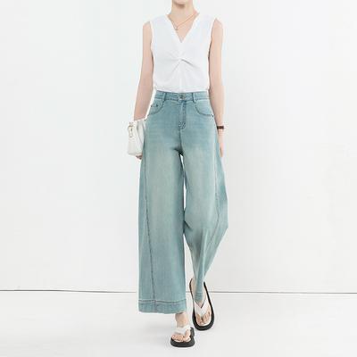 Fashionable Tone Jeans for Women In Summer Thin New Style for Hip-covering, Slim High Waist Wide-leg Pants Nine-point Scimitar Pants