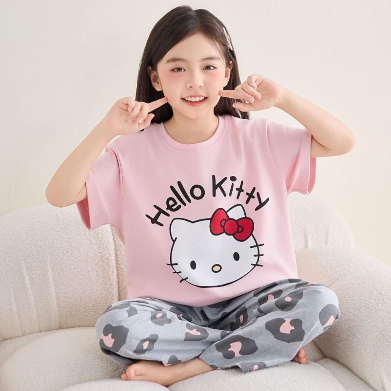 Girls Cotton Pajama Set Short Sleeve Long Pants Cartoon Print Sleepwear Kids Ages 4-12